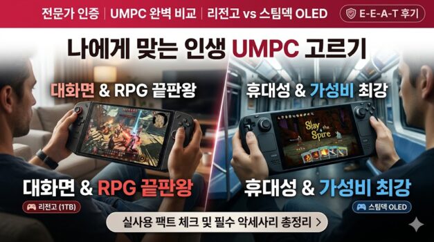 2026년 휴대용 게임기 UMPC 추천 레노버 리전고 1TB 대 스팀덱 OLED 512GB 실사용 비교 및 필수 악세사리 가이드 썸네일