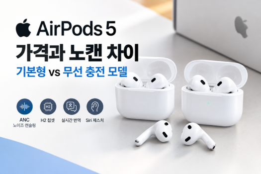 애플 에어팟 5세대(AirPods 5) 기본형과 무선 충전 모델의 가격 및 노이즈 캔슬링(ANC) 차이를 비교한 인포그래픽 썸네일