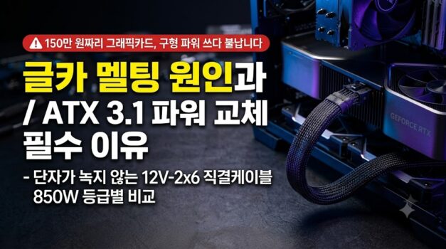 녹아내린 구형 그래픽카드 젠더 케이블과 안전한 최신 ATX 3.1 규격의 12V-2x6 직결 파워 케이블을 비교하는 사진