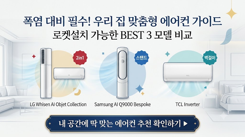 여름철 3주 대기 지옥을 막아줄 아파트 거실 안방용 LG 휘센 2in1 에어컨과 원룸 가성비용 벽걸이 에어컨 로켓설치 추천 순위 및 추가 설치비 팩트 스니펫