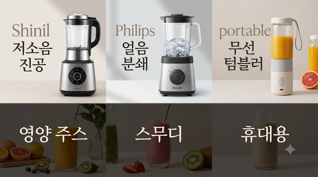 한여름 홈카페 과일 스무디 및 강력 얼음 분쇄를 위한 필립스 프로파워 5000 초고속 블렌더와 아침 저소음용 신일 프리미엄 믹서기 추천 순위 및 무선 텀블러 소비전력 비교 팩트 스니펫