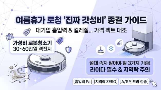 30만 원에서 60만 원 예산 대에서 정밀하게 작동하는 LDS 라이다 센서 기반의 2026년 가성비 로봇청소기 추천 순위 비교표. LG 코드제로 R5 및 에브리봇 쓰리스핀 물걸레 모델 스펙 대조 팩트 스니펫