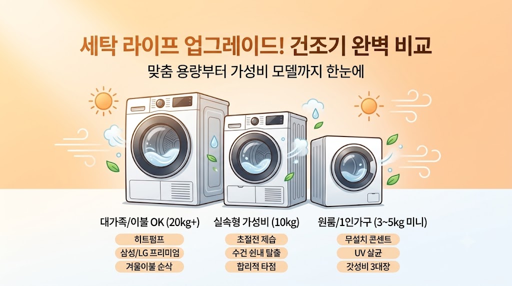 장마철 빨래 쉰내 해결을 위한 삼성 비스포크 20kg 대용량 히트펌프 건조기와 LG 트롬 오브제컬렉션, 원룸 1인가구용 3kg 미니 건조기 추천 순위 및 전기세 비교 팩트 스니펫