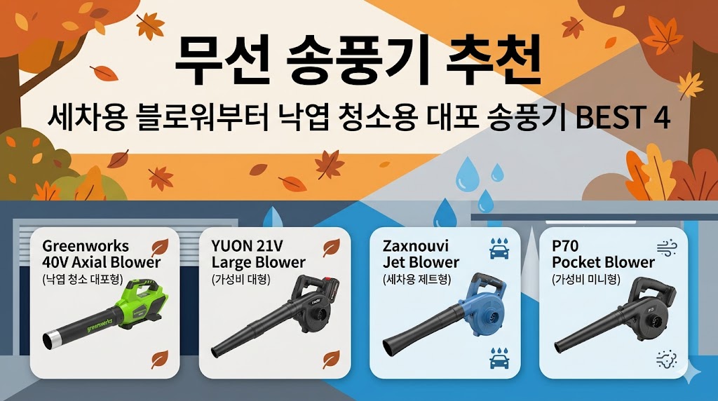 2026년 낙엽 청소용 대형 송풍기 및 세차용 무선 제트 블로워 성능 비교 대표 이미지