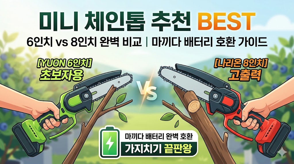 2026년 충전식 미니 체인톱 추천 순위 및 마끼다 배터리 호환 소형 전기톱 성능 비교 대표 이미지