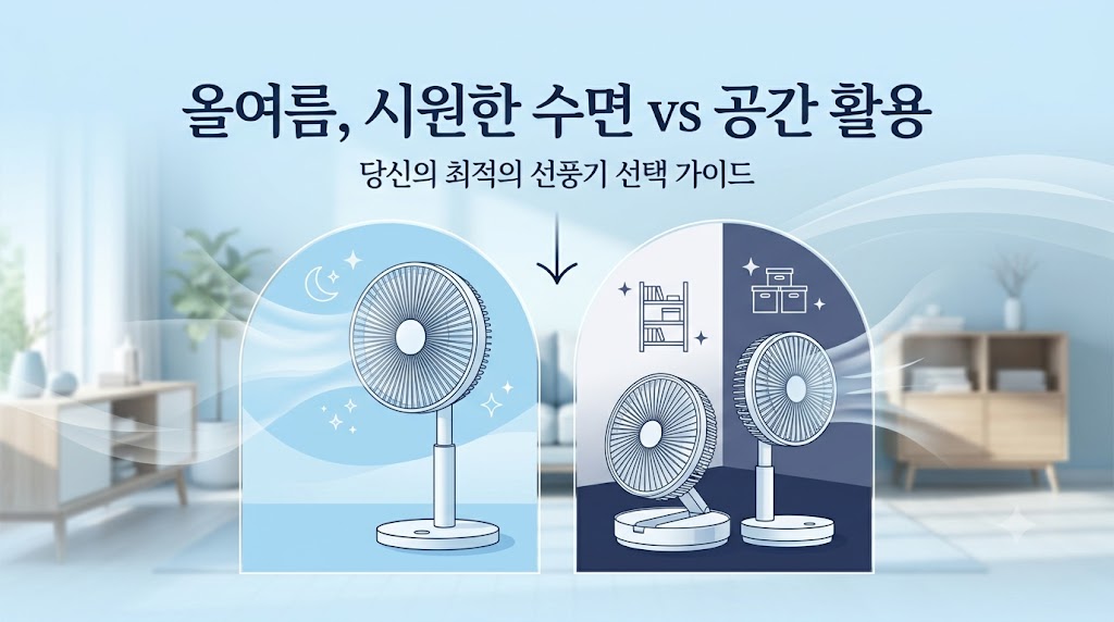 에어컨 보조용 및 수면용으로 적합한 2026년형 저소음 고효율 BLDC 선풍기 추천 비교표. 소음이 없는 신일 무소음 14인치 스탠드형 모델과 원룸 수납에 용이한 슈어홈 무선 접이식 폴딩팬 스펙 대조 팩트 스니펫