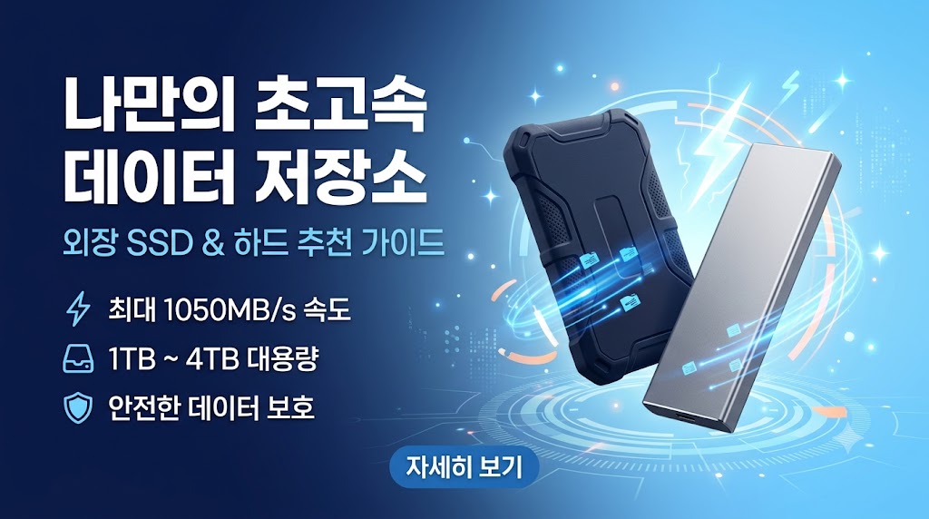 맥북 및 영상 편집 크리에이터를 위한 2026년 휴대용 외장 SSD 및 대용량 외장하드 추천 순위 비교표. 떨어뜨려도 안전한 삼성전자 T7 쉴드 1TB와 초소형 샌디스크 익스트림 E61 스펙 대조 팩트 스니펫
