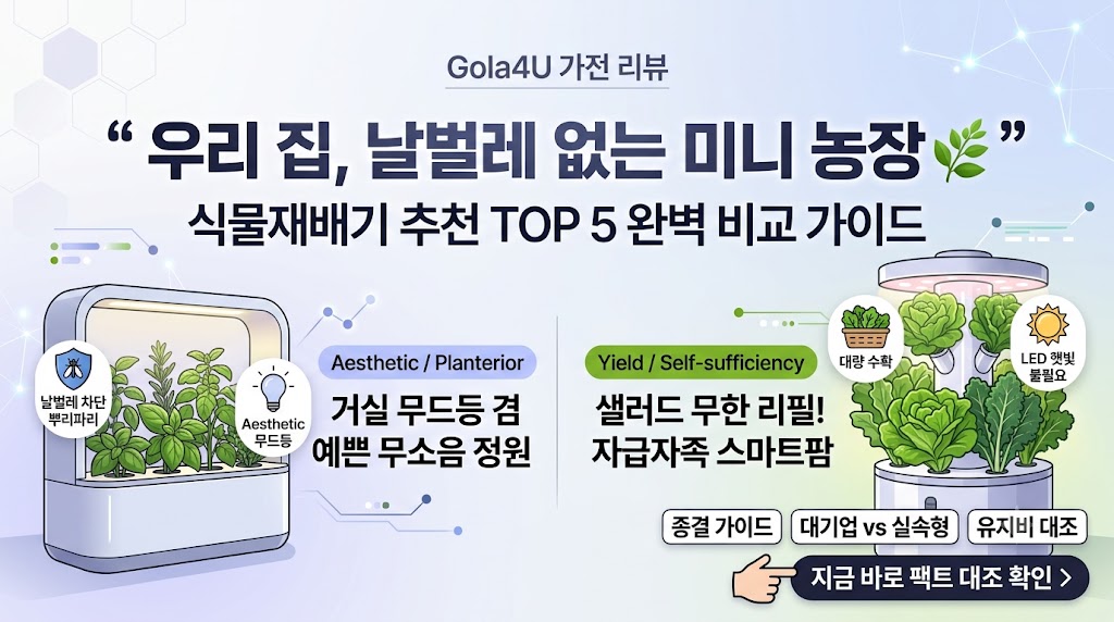 뿌리파리 날벌레 꼬임 없이 흙 대신 물로 키우는 2026년 홈가드닝 수경재배 식물재배기 추천 팩트 비교. 무드등 인테리어 활용이 가능한 플랜테리어 대장 LG 틔운 미니와 상추 대량 수확이 가능한 타워형 스마트팜 스펙 대조 스니펫