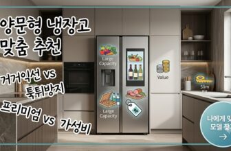 주방 공간 툭튀 방지 피트인 냉장고와 800L 대용량 및 60만원대 가성비 4도어 양문형 냉장고 추천 비교표. 삼성 비스포크, LG 오브제컬렉션, 위니아 클라쎄 정품 스펙 대조 팩트 스니펫