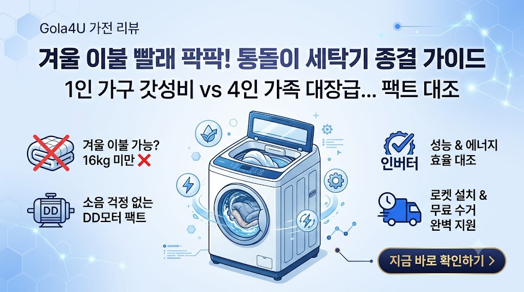 1인 가구 원룸을 위한 가성비 소형 세탁기부터 겨울 이불 빨래가 가능한 삼성 그랑데 및 LG 16kg 이상 대용량까지 2026년 통돌이 세탁기 추천 구매 가이드 스니펫