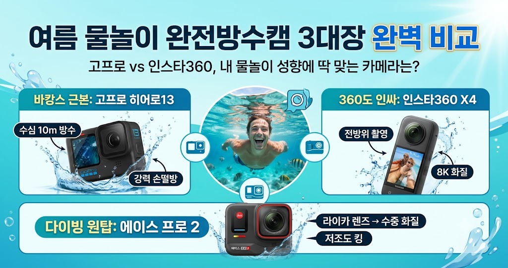 여름 휴가철 계곡 워터파크 물놀이 스마트폰 침수 예방을 위한 완전 방수 액션캠 3대장 추천 순위 비교표. 고프로 히어로 13 블랙, 전방위 인스타360 X4, 라이카 화질 에이스프로2 수중 팩트 스니펫