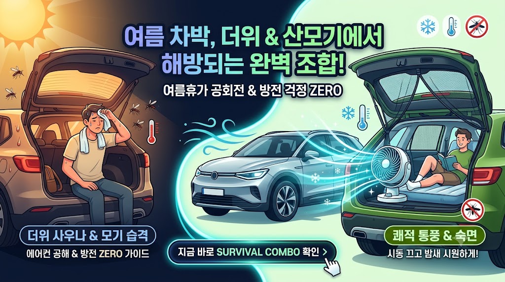 여름철 자동차 공회전 에어컨 가동 금지 시 매연 중독을 방지하기 위해 사용하는 차박용 창문 트렁크 모기장 방충망 세트와 루메나 대용량 캠핑 무선 선풍기 스펙 대조 팩트 스니펫