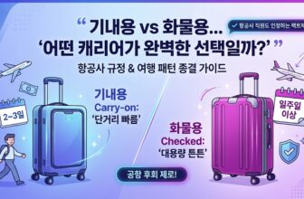 전 세계 주요 항공사 및 LCC 수하물 허용량 기준에 맞춘 20인치 기내용 캐리어와 24인치 28인치 위탁 수하물 대형 캐리어 규격 크기 차이 대조. 보조배터리 및 액체류 반입 금지 품목 정보 그래프 스니펫