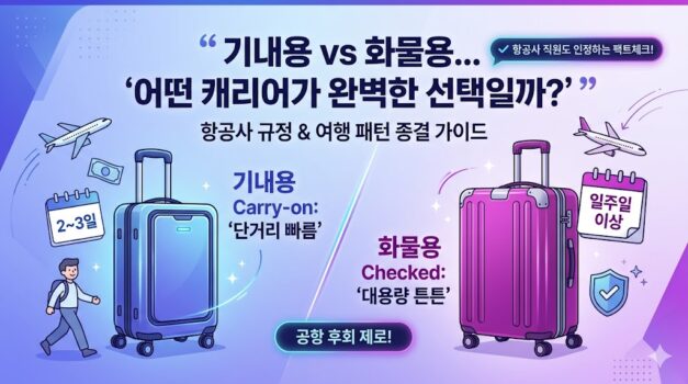 전 세계 주요 항공사 및 LCC 수하물 허용량 기준에 맞춘 20인치 기내용 캐리어와 24인치 28인치 위탁 수하물 대형 캐리어 규격 크기 차이 대조. 보조배터리 및 액체류 반입 금지 품목 정보 그래프 스니펫