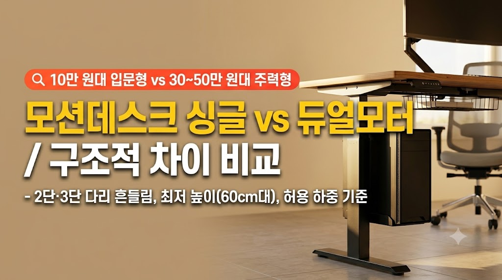 싱글모터와 듀얼모터 전동 모션데스크의 다리 단수 및 허용 하중 스펙을 비교하는 작업실 데스크 셋업 썸네일