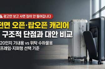 전면 오픈 기내용 캐리어와 알루미늄 프레임 하드 캐리어의 개폐 구조 및 수납 방식을 비교하는 썸네일