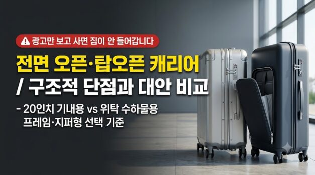 전면 오픈 기내용 캐리어와 알루미늄 프레임 하드 캐리어의 개폐 구조 및 수납 방식을 비교하는 썸네일