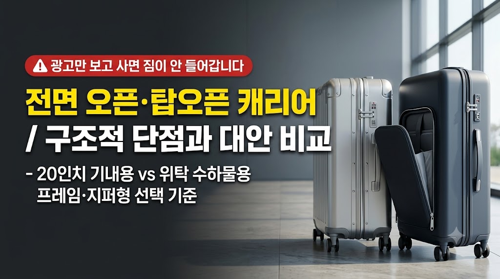 전면 오픈 기내용 캐리어와 알루미늄 프레임 하드 캐리어의 개폐 구조 및 수납 방식을 비교하는 썸네일
