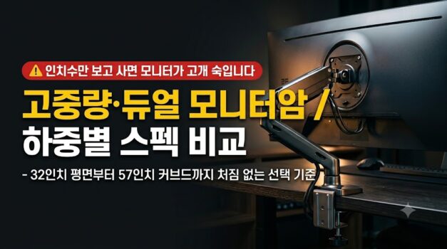 32인치에서 57인치 모니터를 거치하는 고중량 싱글 모니터암과 듀얼 모니터암의 하중 규격 비교 썸네일