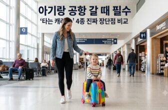 넓은 공항 출국장에서 부모님이 유아 승용 캐리어에 아이를 태우고 편안하게 이동하는 가족 해외여행 모습