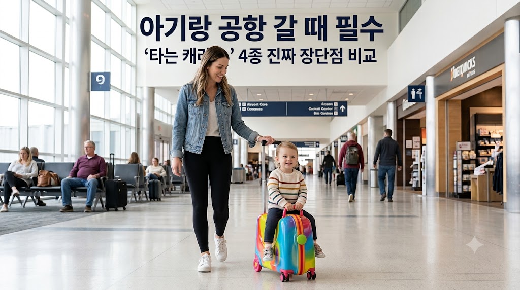 넓은 공항 출국장에서 부모님이 유아 승용 캐리어에 아이를 태우고 편안하게 이동하는 가족 해외여행 모습