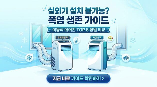실외기 설치가 불가능한 원룸 및 자취방을 위한 실외기 없는 이동식 에어컨 추천 가이드. 냉방 효율을 극대화한 LG 휘센 듀얼호스 및 가성비 신일 에어컨 스펙 대조 스니펫