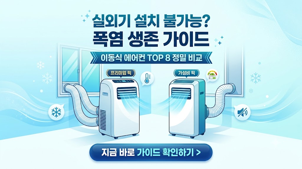 실외기 설치가 불가능한 원룸 및 자취방을 위한 실외기 없는 이동식 에어컨 추천 가이드. 냉방 효율을 극대화한 LG 휘센 듀얼호스 및 가성비 신일 에어컨 스펙 대조 스니펫