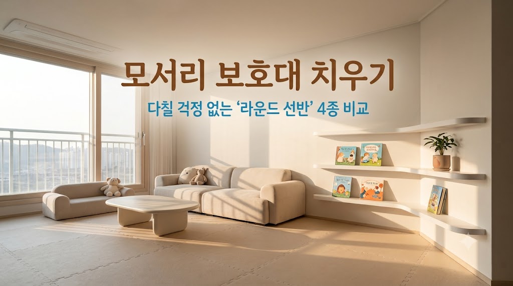 아기 있는 집의 거실을 안전하고 감성적으로 만들어주는 룸앤홈 모서리 둥근 라운드 선반 수납장과 장난감 교구장 활용 이미지