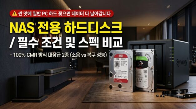 시놀로지 NAS 본체 옆에 놓인 WD Red Plus와 시게이트 아이언울프 하드디스크