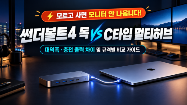 썬더볼트4 도킹스테이션과 USB-C 멀티허브의 대역폭 및 모니터 연결 스펙 차이를 비교한 가이드 썸네일