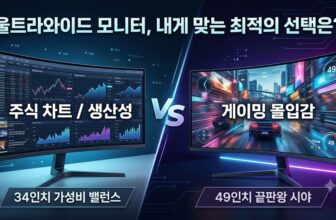 듀얼 모니터 베젤 단절을 해결하는 주식 차트 분석 및 게이밍용 울트라와이드 모니터 추천 가이드. 49인치 삼성 오디세이 G9, 34인치 LG WQHD 평면 모니터, MSI 고주사율 게이밍 모니터 크기 및 단점 완벽 비교 스니펫