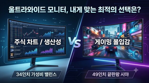 듀얼 모니터 베젤 단절을 해결하는 주식 차트 분석 및 게이밍용 울트라와이드 모니터 추천 가이드. 49인치 삼성 오디세이 G9, 34인치 LG WQHD 평면 모니터, MSI 고주사율 게이밍 모니터 크기 및 단점 완벽 비교 스니펫