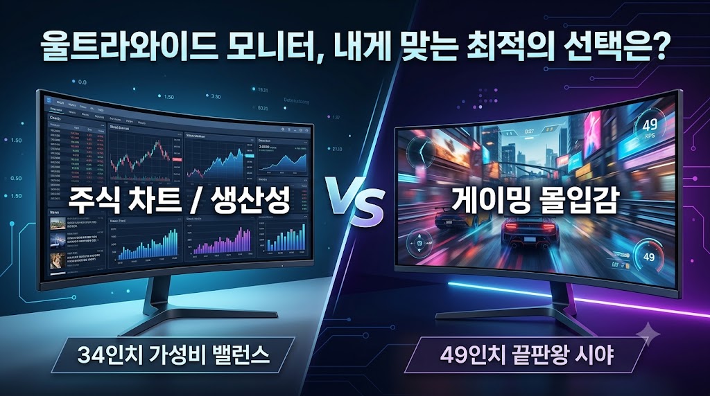 듀얼 모니터 베젤 단절을 해결하는 주식 차트 분석 및 게이밍용 울트라와이드 모니터 추천 가이드. 49인치 삼성 오디세이 G9, 34인치 LG WQHD 평면 모니터, MSI 고주사율 게이밍 모니터 크기 및 단점 완벽 비교 스니펫