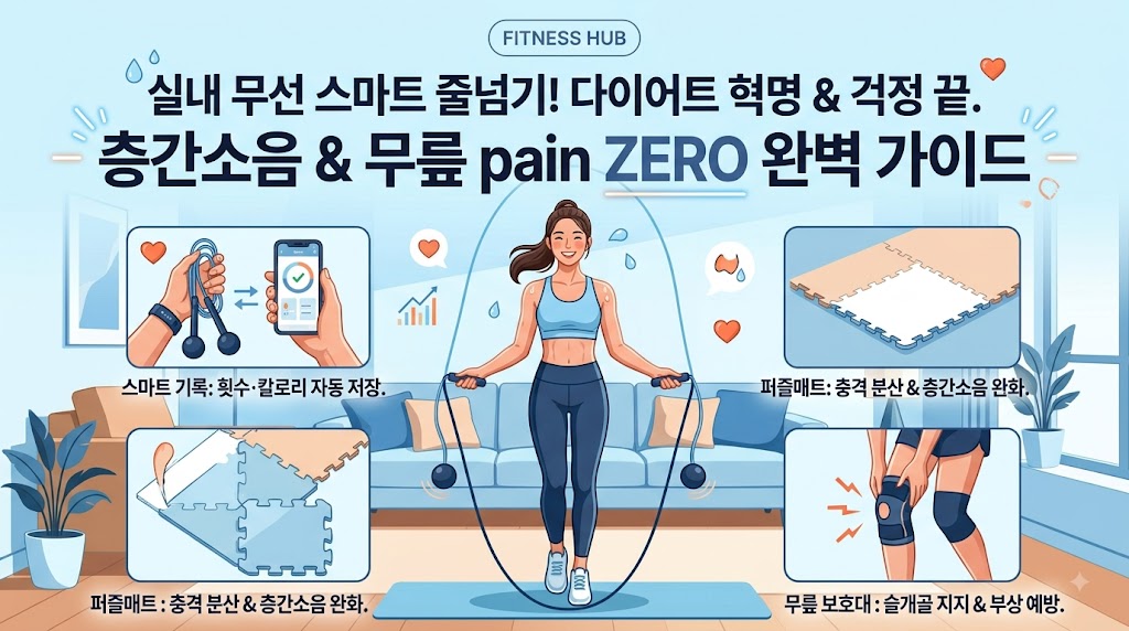 실내 무선 스마트 줄넘기 운동 효과 및 층간소음, 무릎 관절 통증 예방을 위한 퍼즐매트와 보호대 세팅 가이드