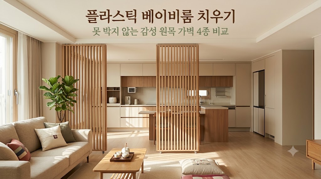 거실과 주방을 감성적으로 분리해 주고 베이비룸을 대체할 수 있는 천장 훼손 없는 이동형 원목 파티션 (헤세 룸 디바이더) 인테리어 이미지